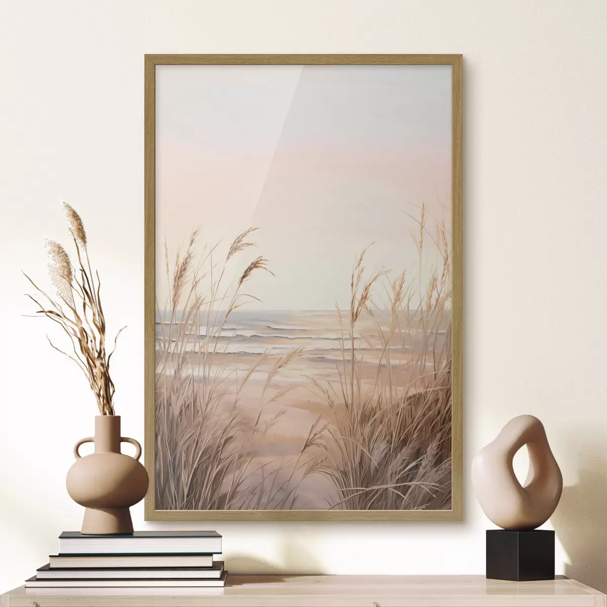 Poster Hierba de la pampa con una paleta de colores naranja pastel, cielo rosa claro, un paisaje tranquilo f45935