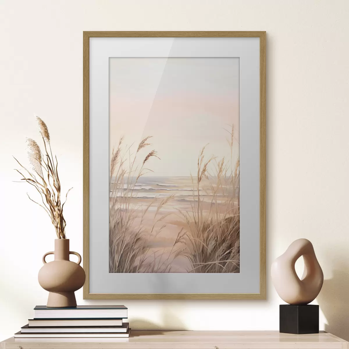 Poster Hierba de la pampa con una paleta de colores naranja pastel, cielo rosa claro, un paisaje tranquilo f45935