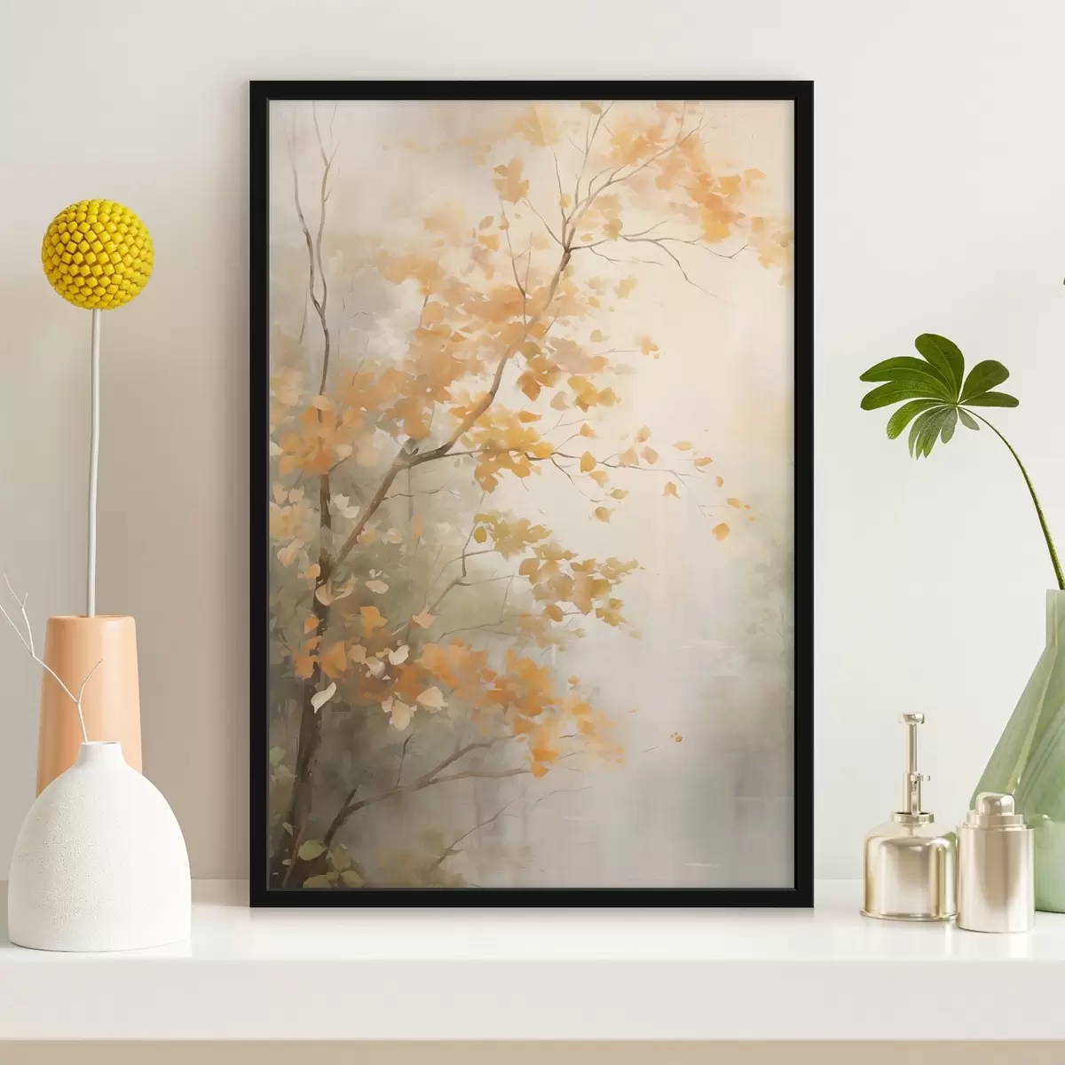 Poster Ramas de árboles otoñales con hojas anaranjadas en un bosque con una luz suave f45940