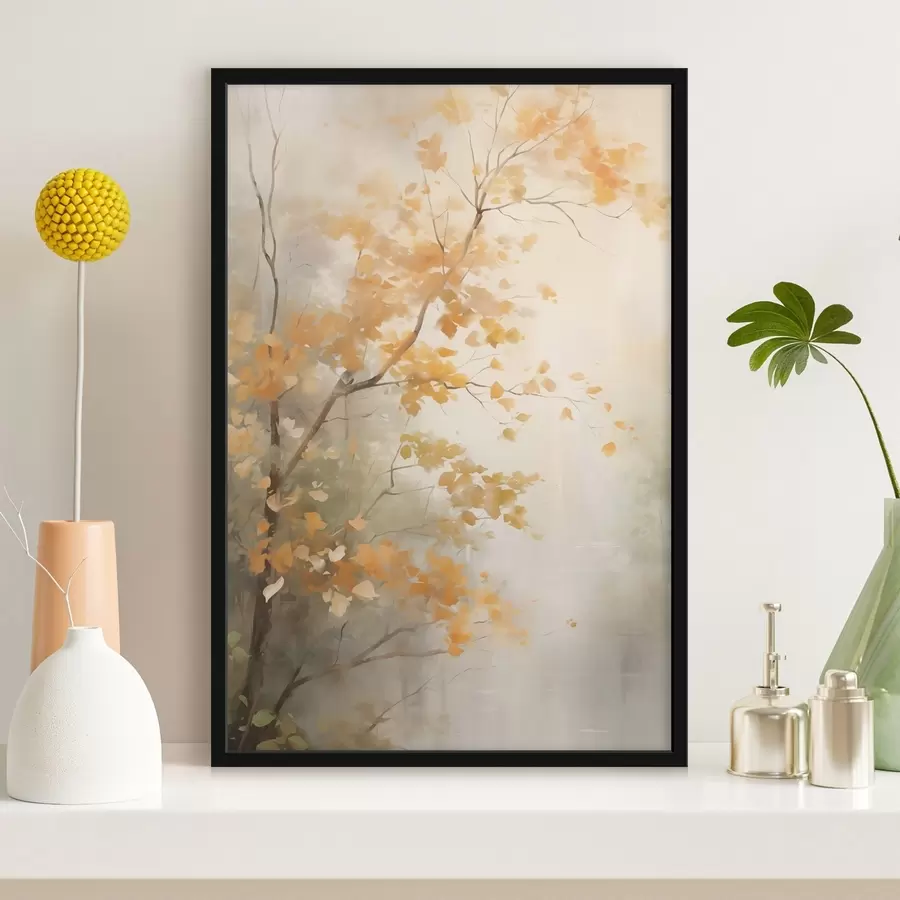 murales de pared Ramas de árboles otoñales con hojas anaranjadas en un bosque con una luz suave f45940