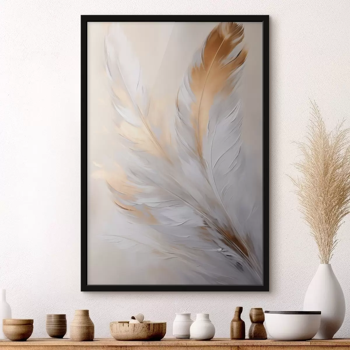 Poster Plumas con detalles en naranja, iluminación suave, composición minimalista con textura, arte moderno f45944