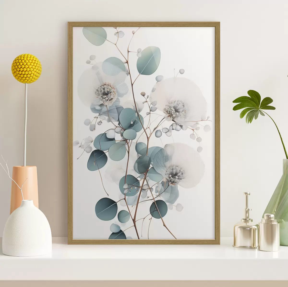 Poster Flores abstractas de eucalipto con pétalos blancos y hojas verdes apagadas en las ramas f45946