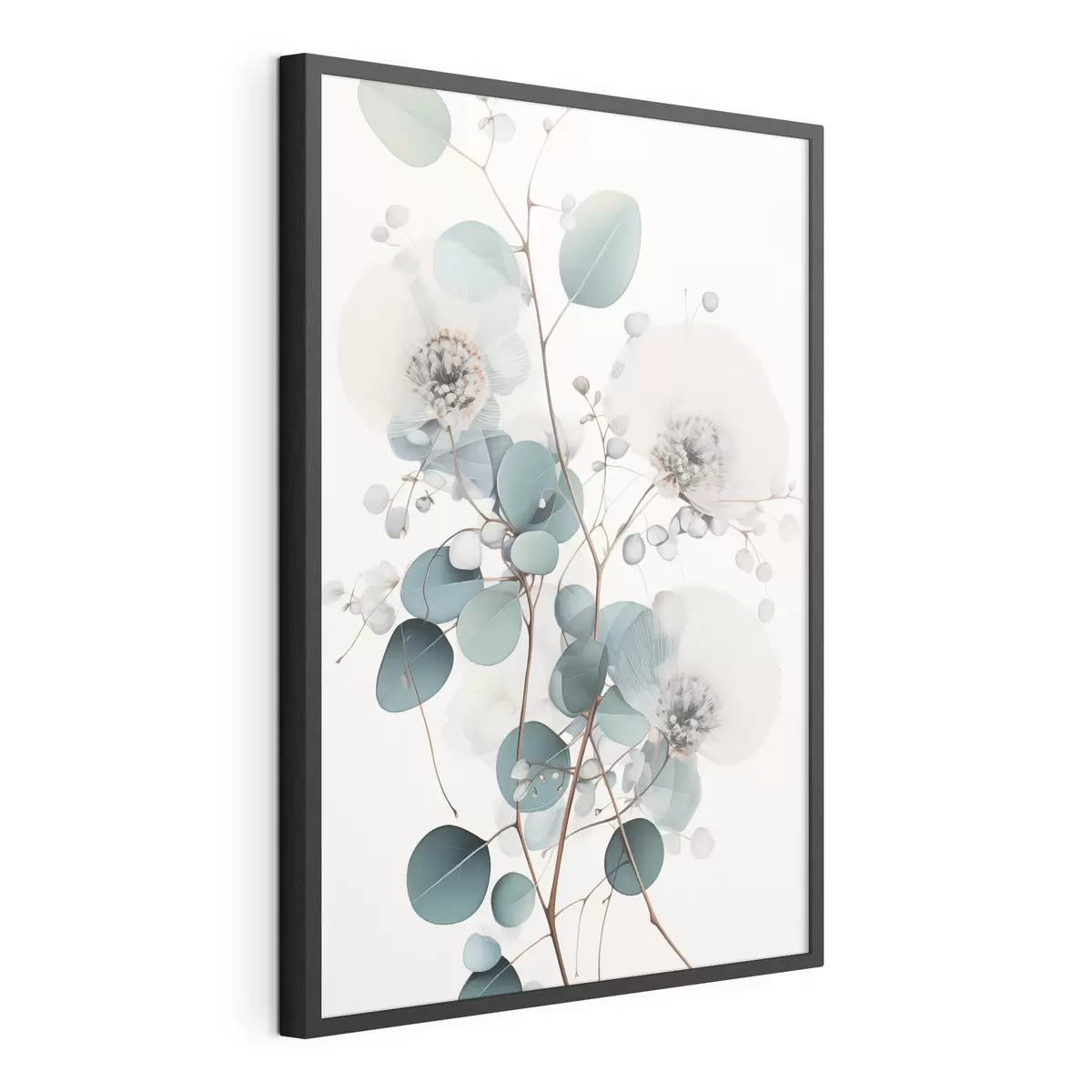 Poster Flores abstractas de eucalipto con pétalos blancos y hojas verdes apagadas en las ramas f45946
