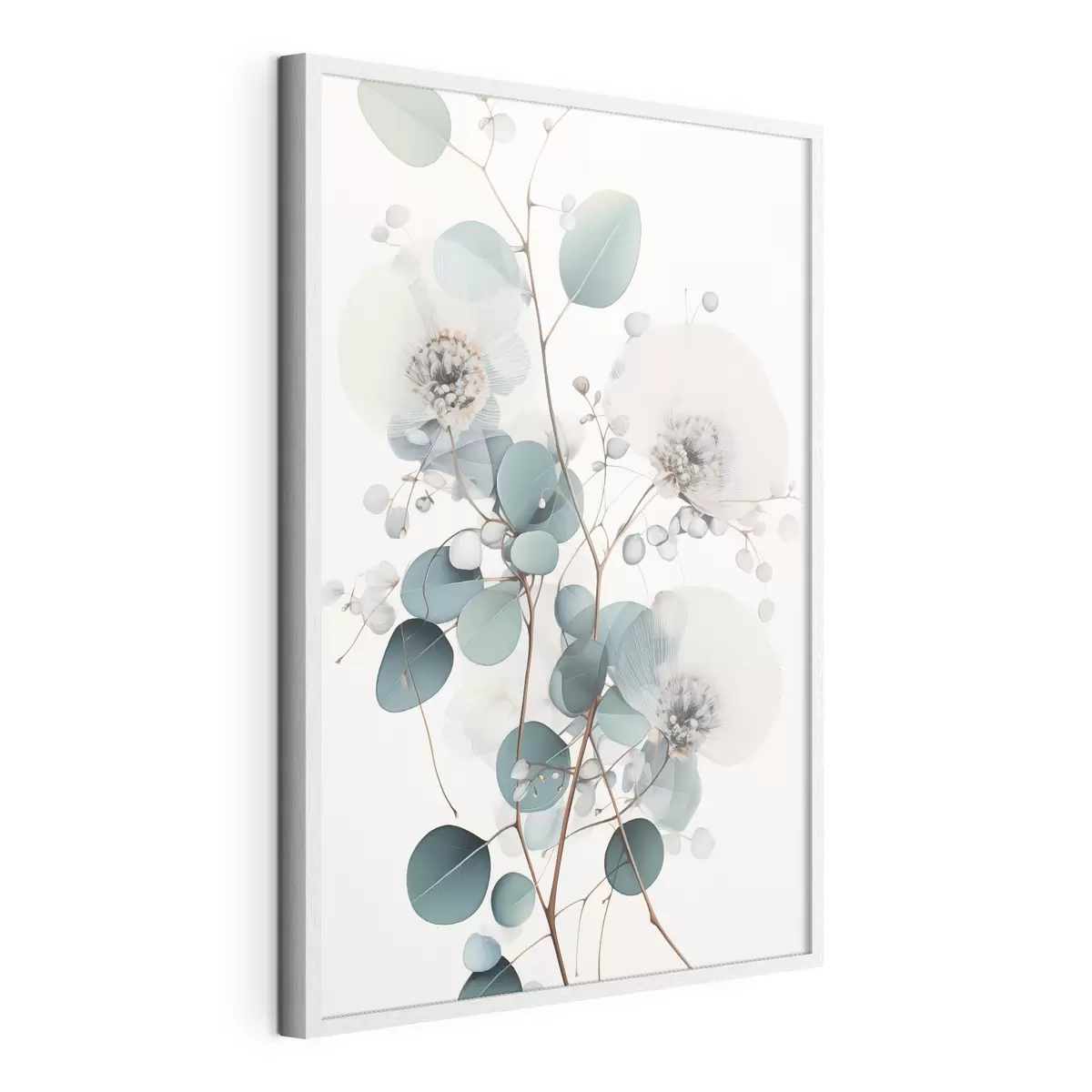 Poster Flores abstractas de eucalipto con pétalos blancos y hojas verdes apagadas en las ramas f45946