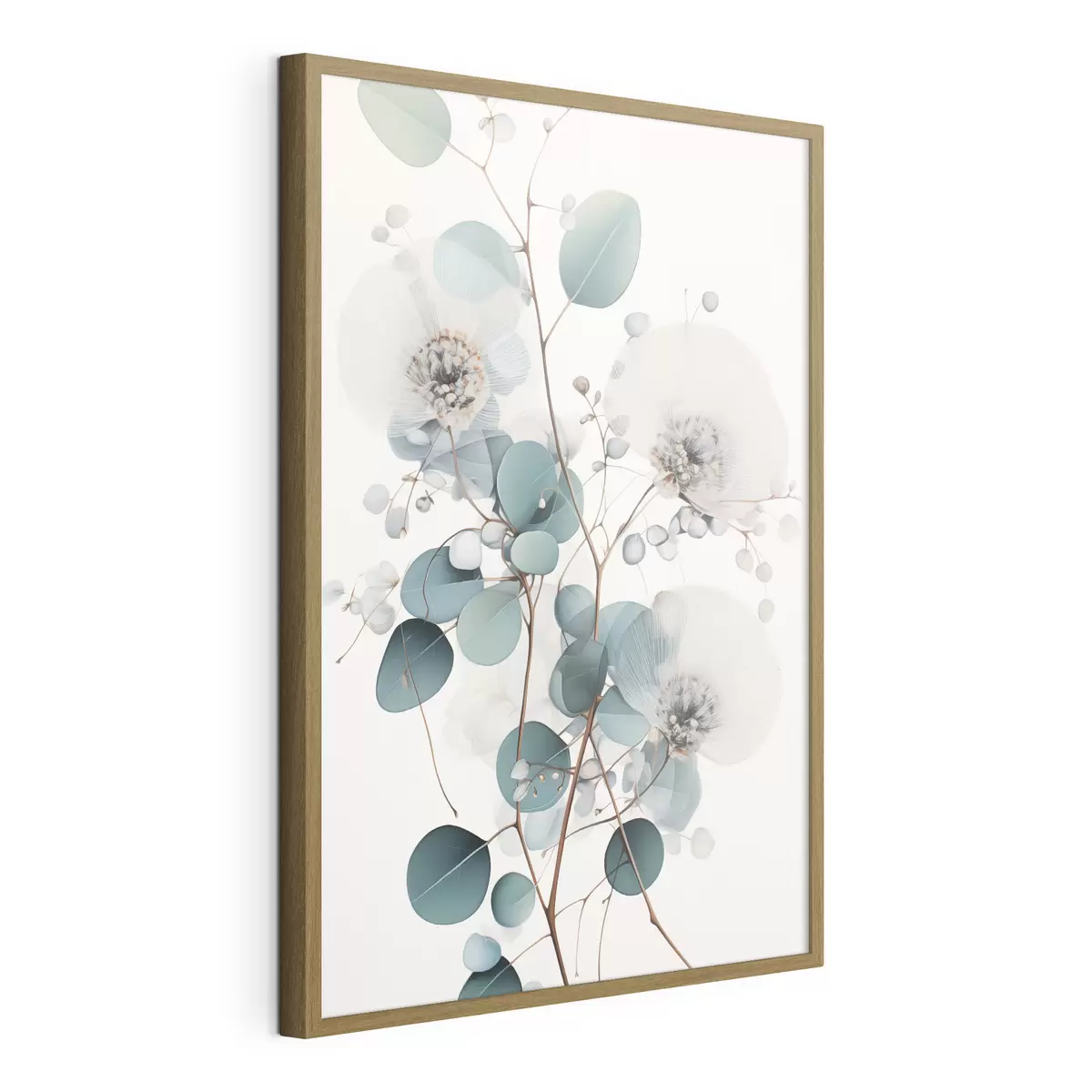 Poster Flores abstractas de eucalipto con pétalos blancos y hojas verdes apagadas en las ramas f45946