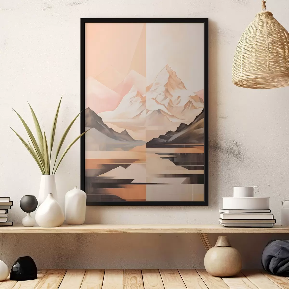 Poster Paisaje abstracto con montañas y un lago, colores pastel, estilo minimalista f45948