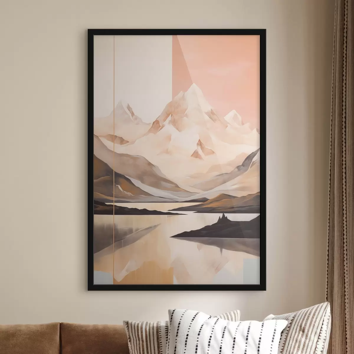 Poster Paisaje abstracto con montañas y un lago, colores pastel, estilo minimalista f45949