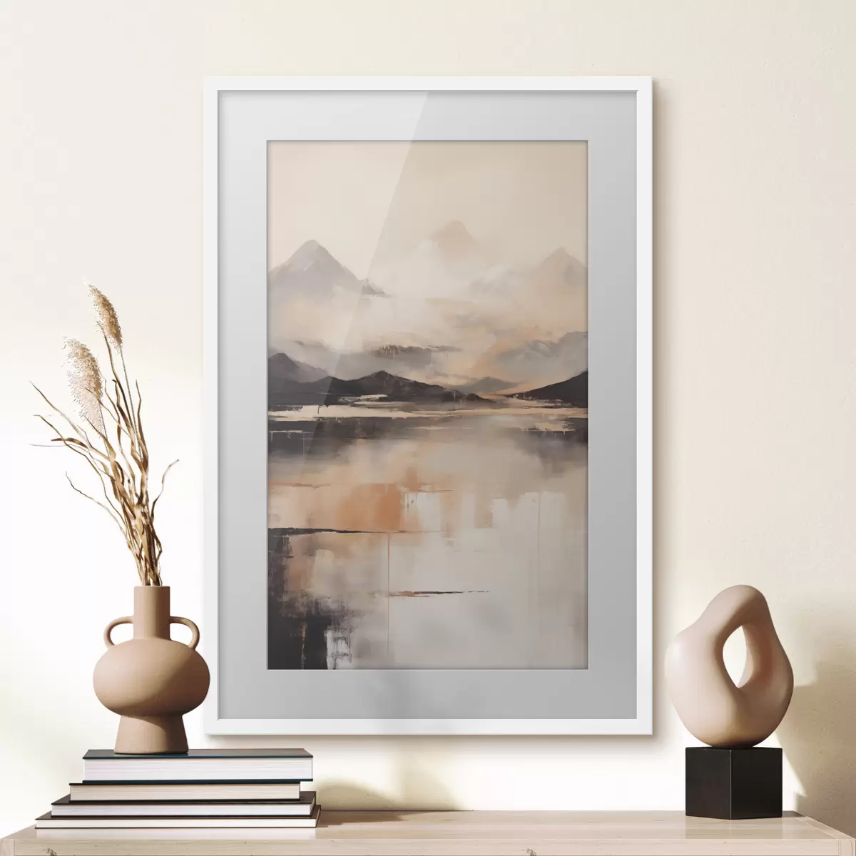 Poster Una pintura con textura paisajística que imita montañas y un lago f45950
