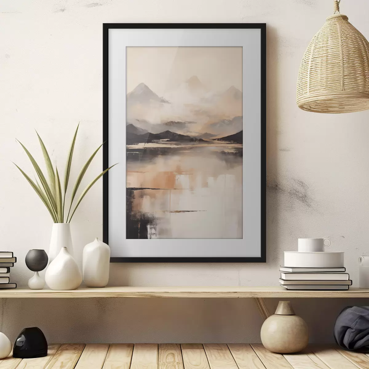 Poster Una pintura con textura paisajística que imita montañas y un lago f45950