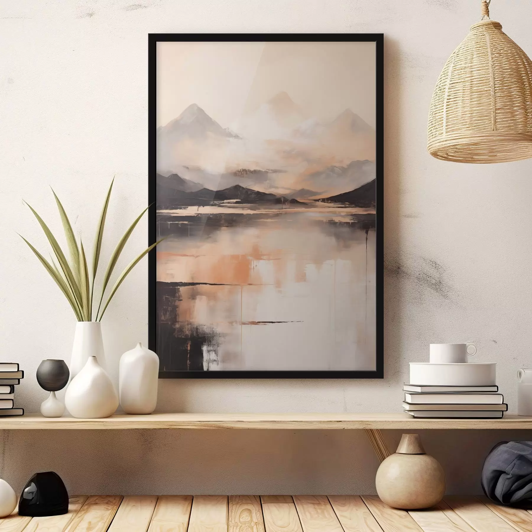 murales de pared Una pintura con textura paisajística que imita montañas y un lago f45950