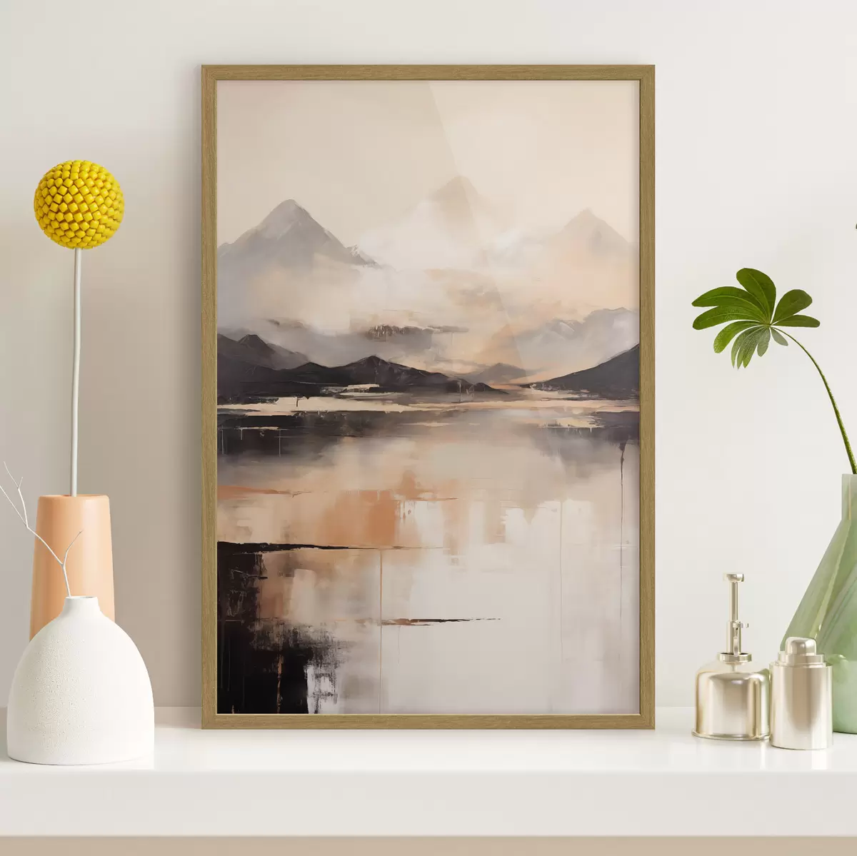 Poster Una pintura con textura paisajística que imita montañas y un lago f45950