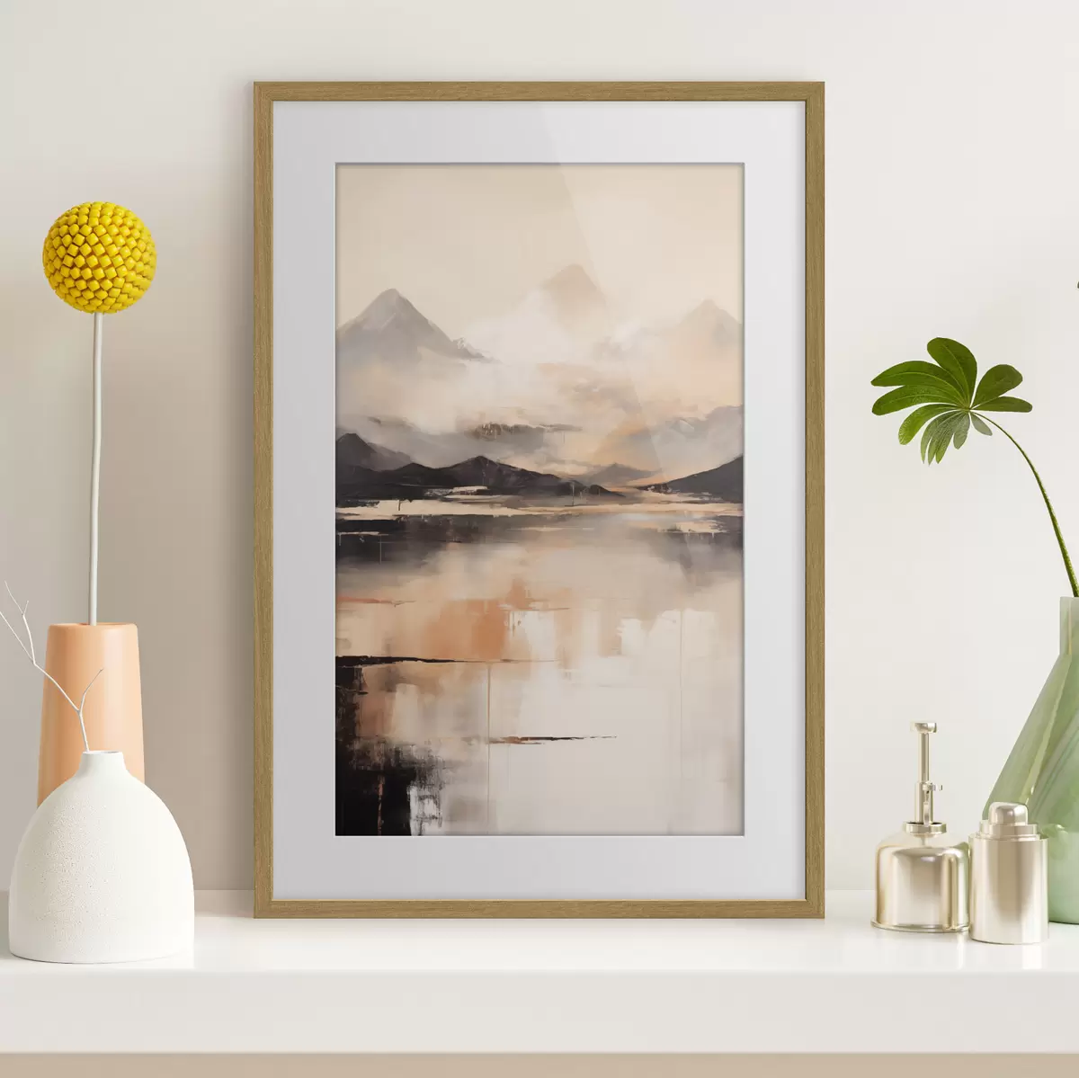 Poster Una pintura con textura paisajística que imita montañas y un lago f45950