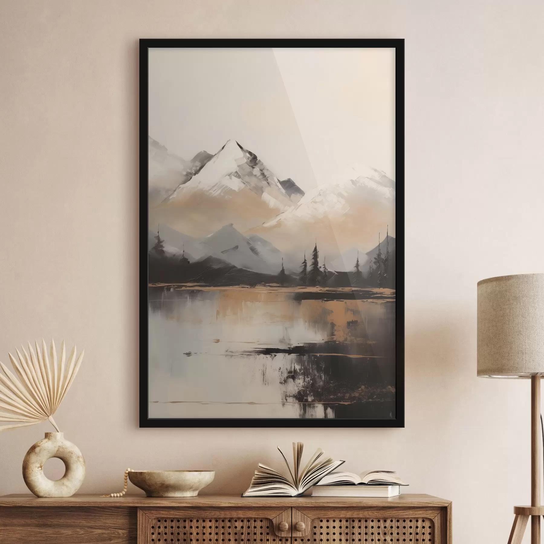 murales de pared Montañas nevadas con textura y algunos árboles frente a un lago f45951