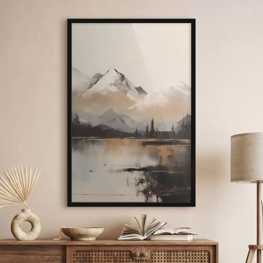 murales de pared Montañas nevadas con textura y algunos árboles frente a un lago f45951