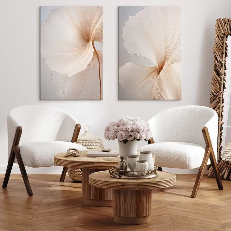 murales de pared Flores abstractas con pétalos finos y delicados en tonos blancos y beige m00817