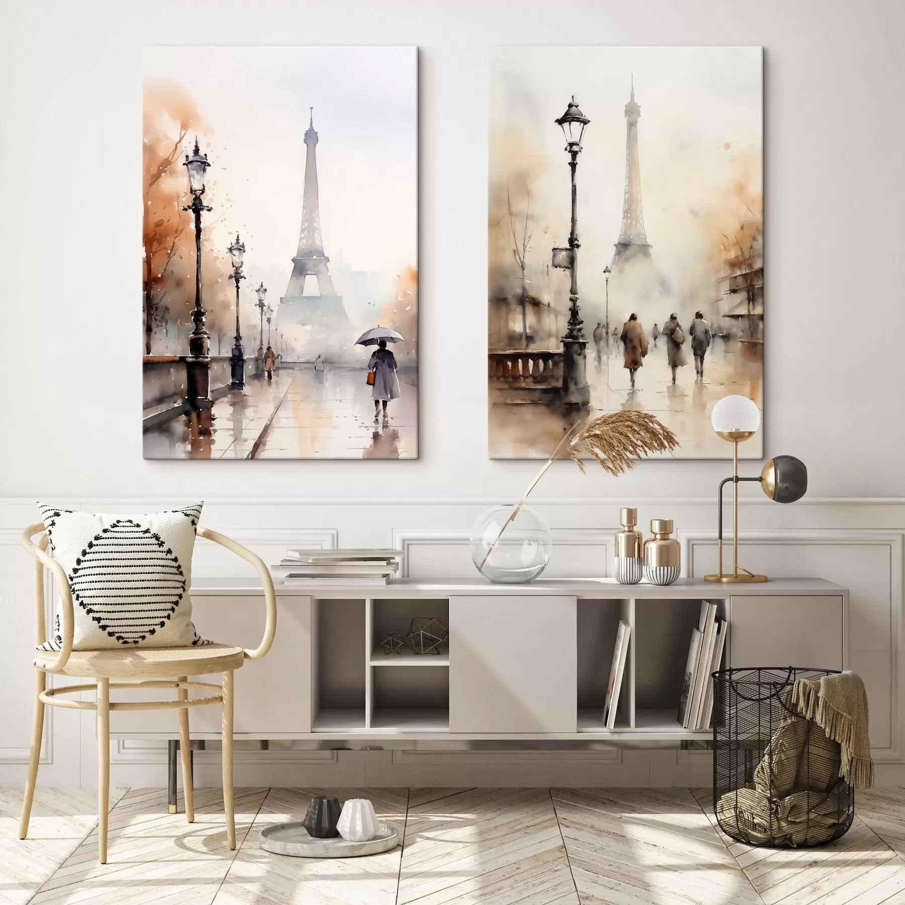 murales de pared Un lluvioso día de otoño en París con la Torre Eiffel al fondo y farolas vintage m00821