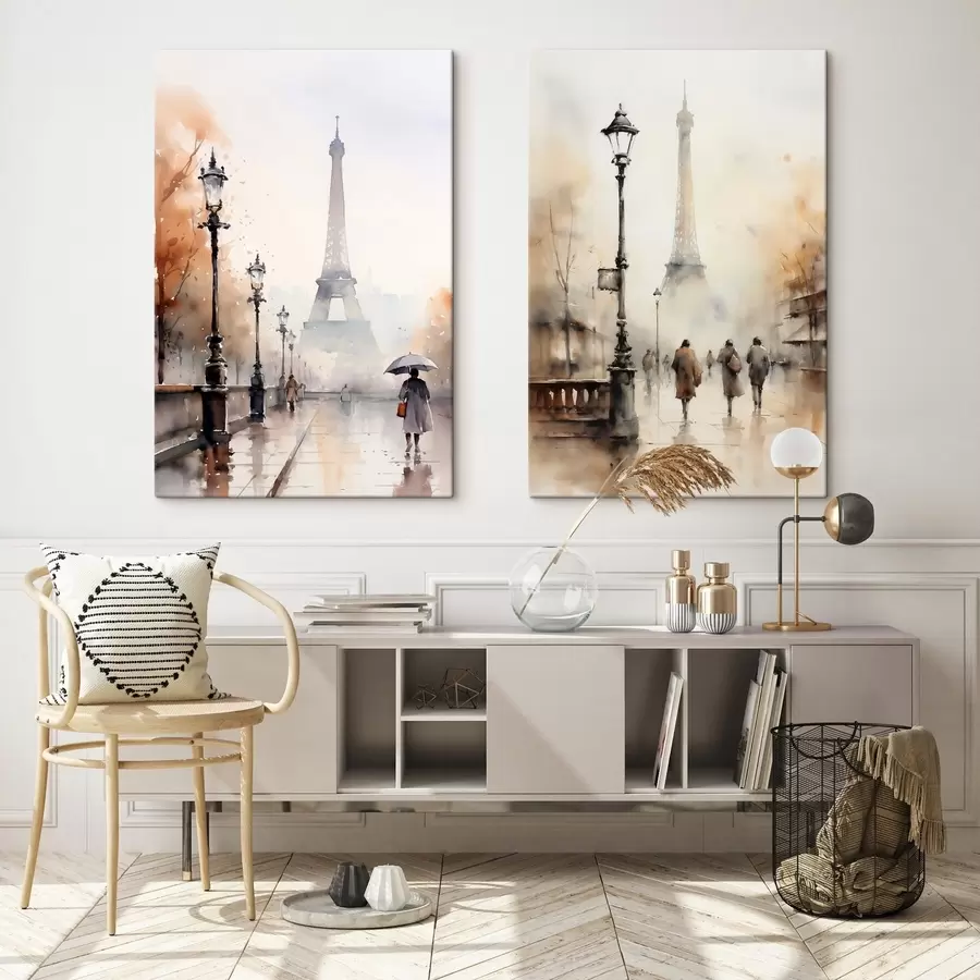 murales de pared Un lluvioso día de otoño en París con la Torre Eiffel al fondo y farolas vintage m00821