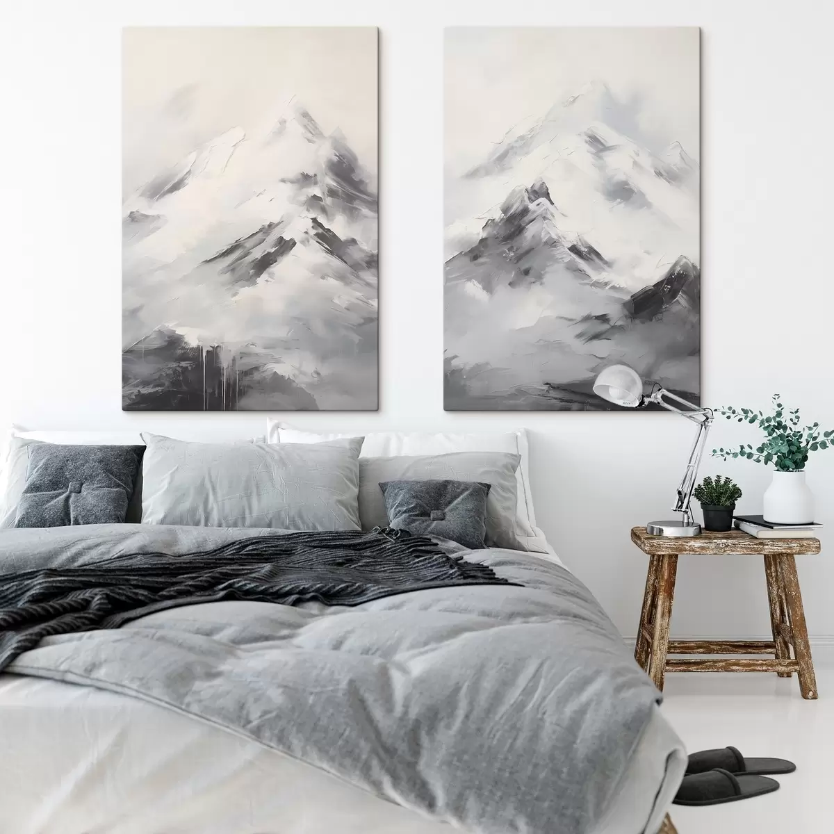 murales de pared Cumbres nevadas con sombras grises, cielo gris, pinceladas, texturizado, minimalista m00822