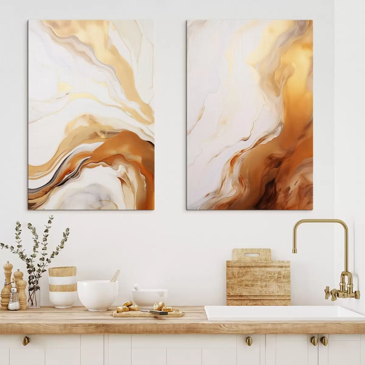 murales de pared Imitación de pintura abstracta con colores blanco y naranja, arte fluido con líneas onduladas, arte moderno m00825