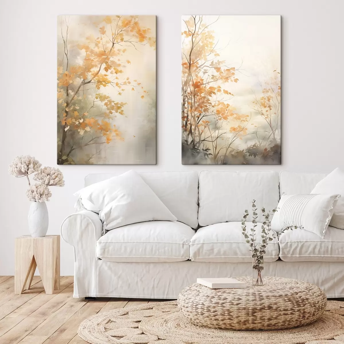 murales de pared Árboles otoñales con hojas y ramas anaranjadas, estilo acuarela suave, pinceladas delicadas m00826