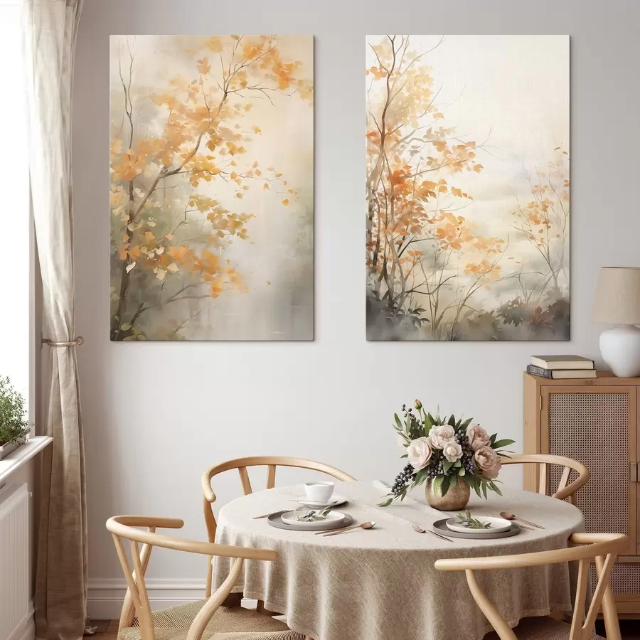 murales de pared Árboles otoñales con hojas y ramas anaranjadas, estilo acuarela suave, pinceladas delicadas m00826