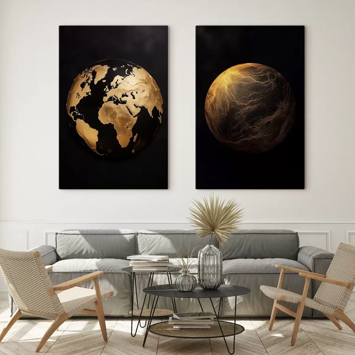 murales de pared Globo terráqueo y planeta abstractos con textura sobre fondo negro, arte minimalista moderno m00827