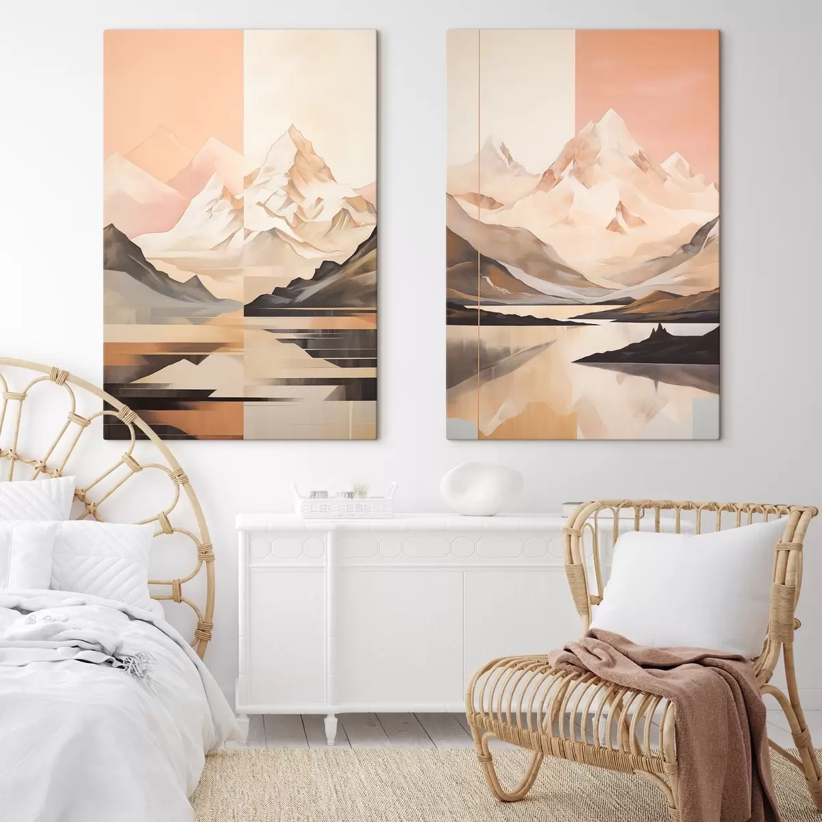 murales de pared Paisaje abstracto con montañas y un lago, colores pastel, estilo minimalista m00830