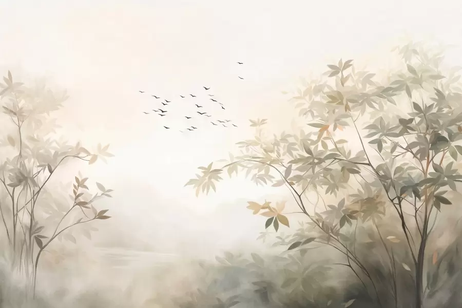 murales de pared Paisaje texturizado con árboles y una bandada de pájaros volando en el cielo, colores pastel, escena natural  w09418