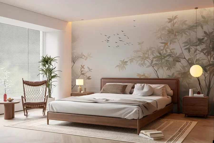 murales de pared Paisaje texturizado con árboles y una bandada de pájaros volando en el cielo, colores pastel, escena natural  w09418