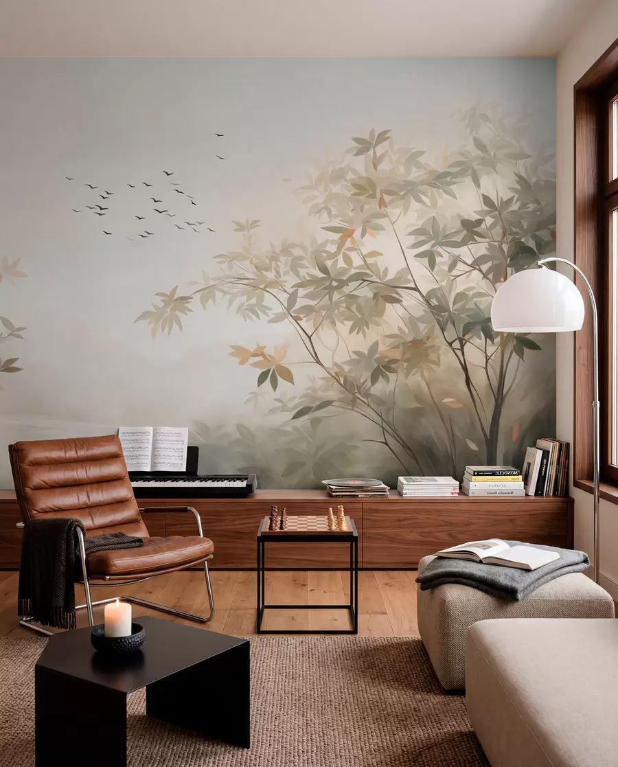 murales de pared Paisaje texturizado con árboles y una bandada de pájaros volando en el cielo, colores pastel, escena natural  w09418