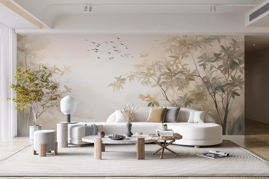 murales de pared Paisaje texturizado con árboles y una bandada de pájaros volando en el cielo, colores pastel, escena natural  w09418