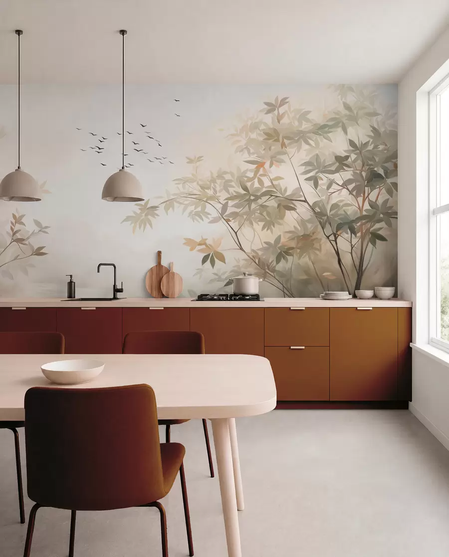 murales de pared Paisaje texturizado con árboles y una bandada de pájaros volando en el cielo, colores pastel, escena natural  w09418