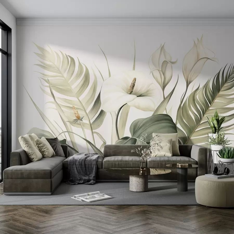 murales de pared Calas blancas y hojas tropicales verdes, ilustración botánica, fondo claro, estilo vintage, texturizado w09423