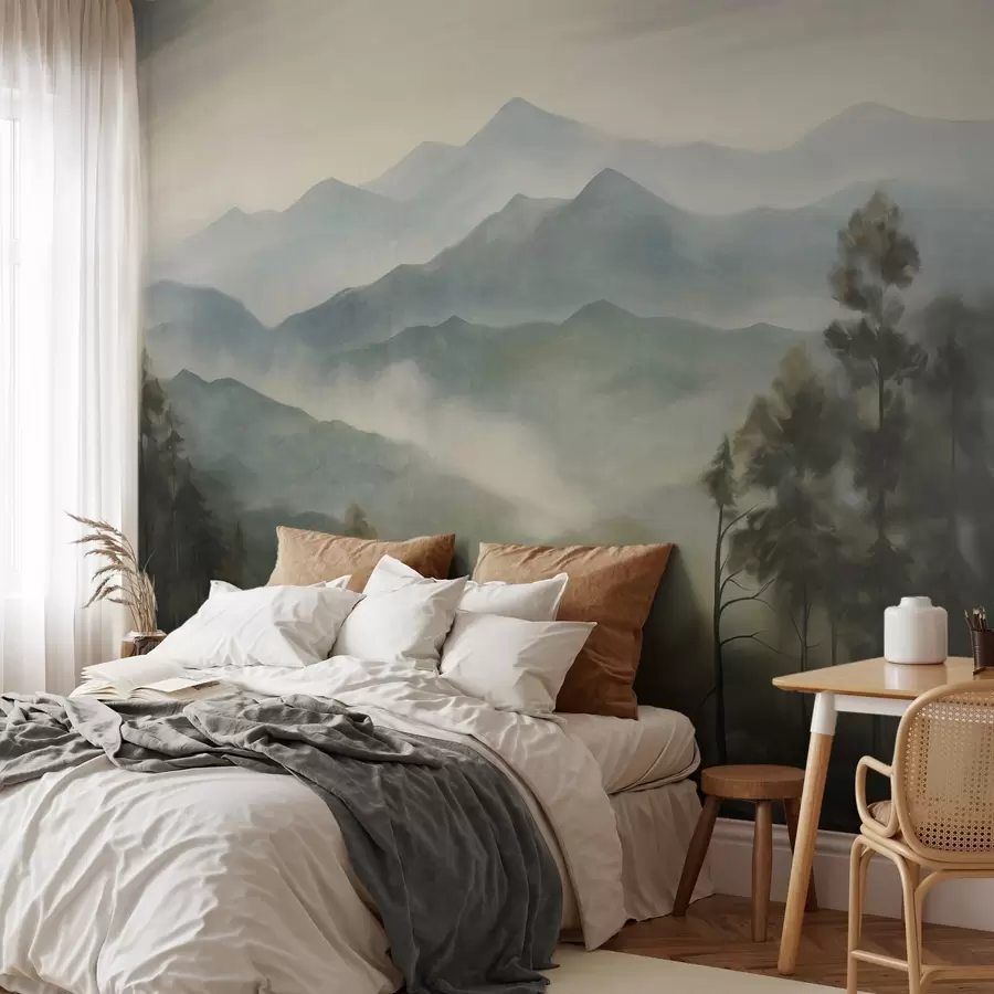 murales de pared Cordillera brumosa con árboles, niebla, cielo nublado, colores apagados, estilo de pintura paisajística w09424