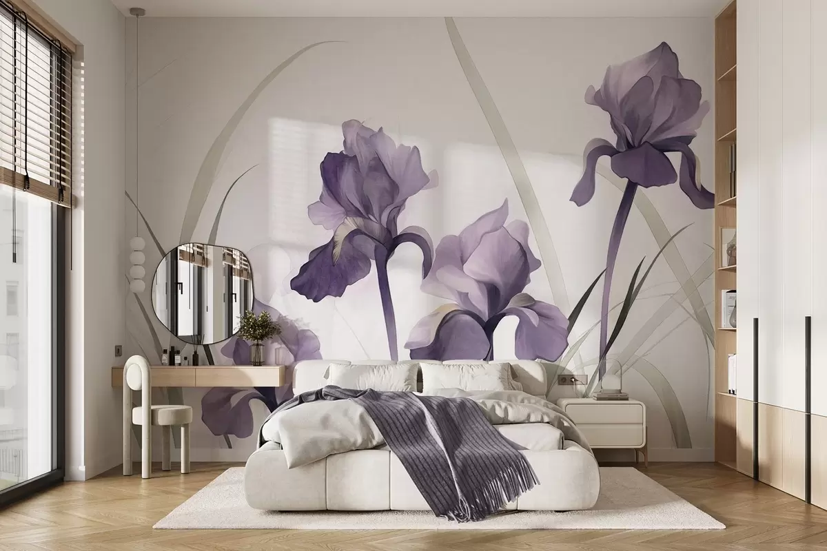 murales de pared Flores de iris moradas con tallos verdes, estilo acuarela, fondo blanco, colores suaves, elegante, artístico w09425