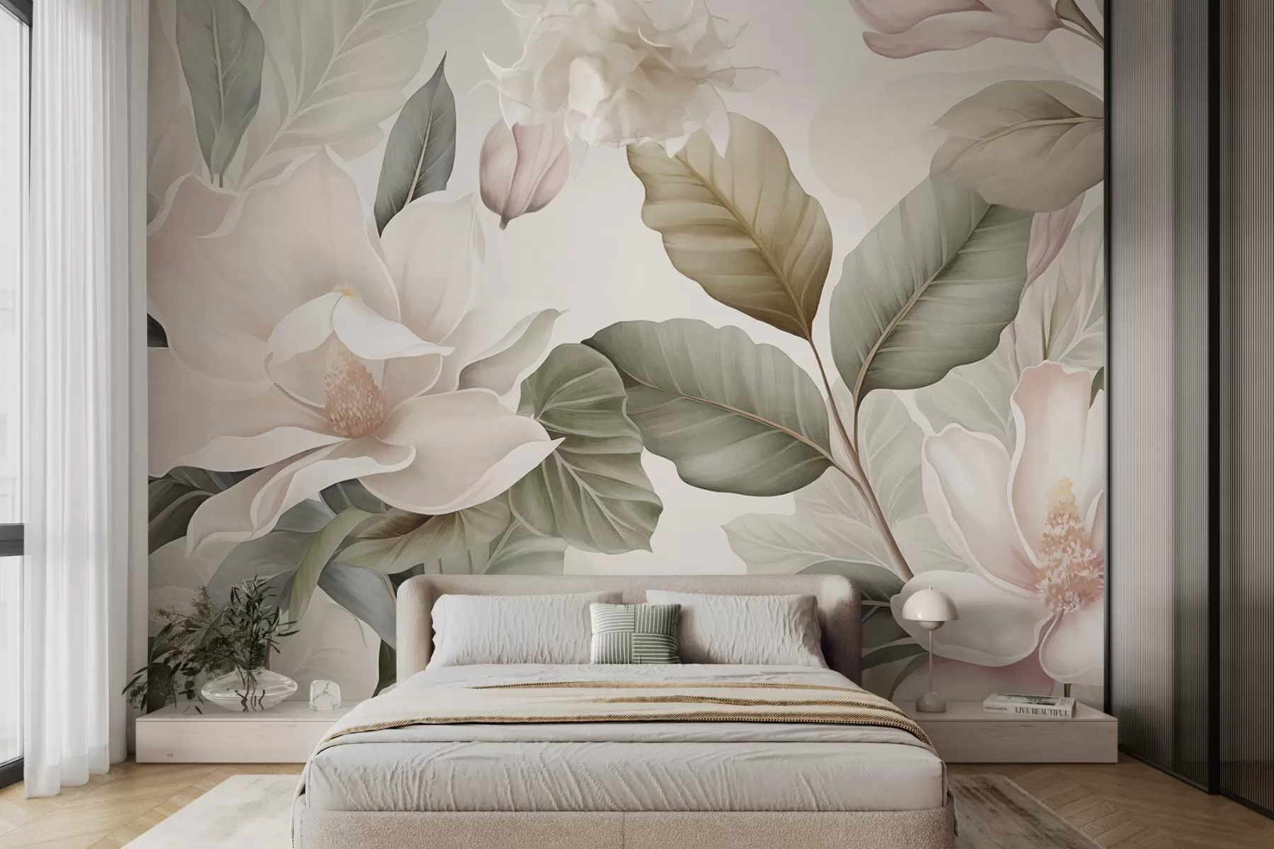 murales de pared Flores de magnolia con hojas en colores pastel, blanco, rosa y verde, suaves, delicadas, estilo acuarela w09427