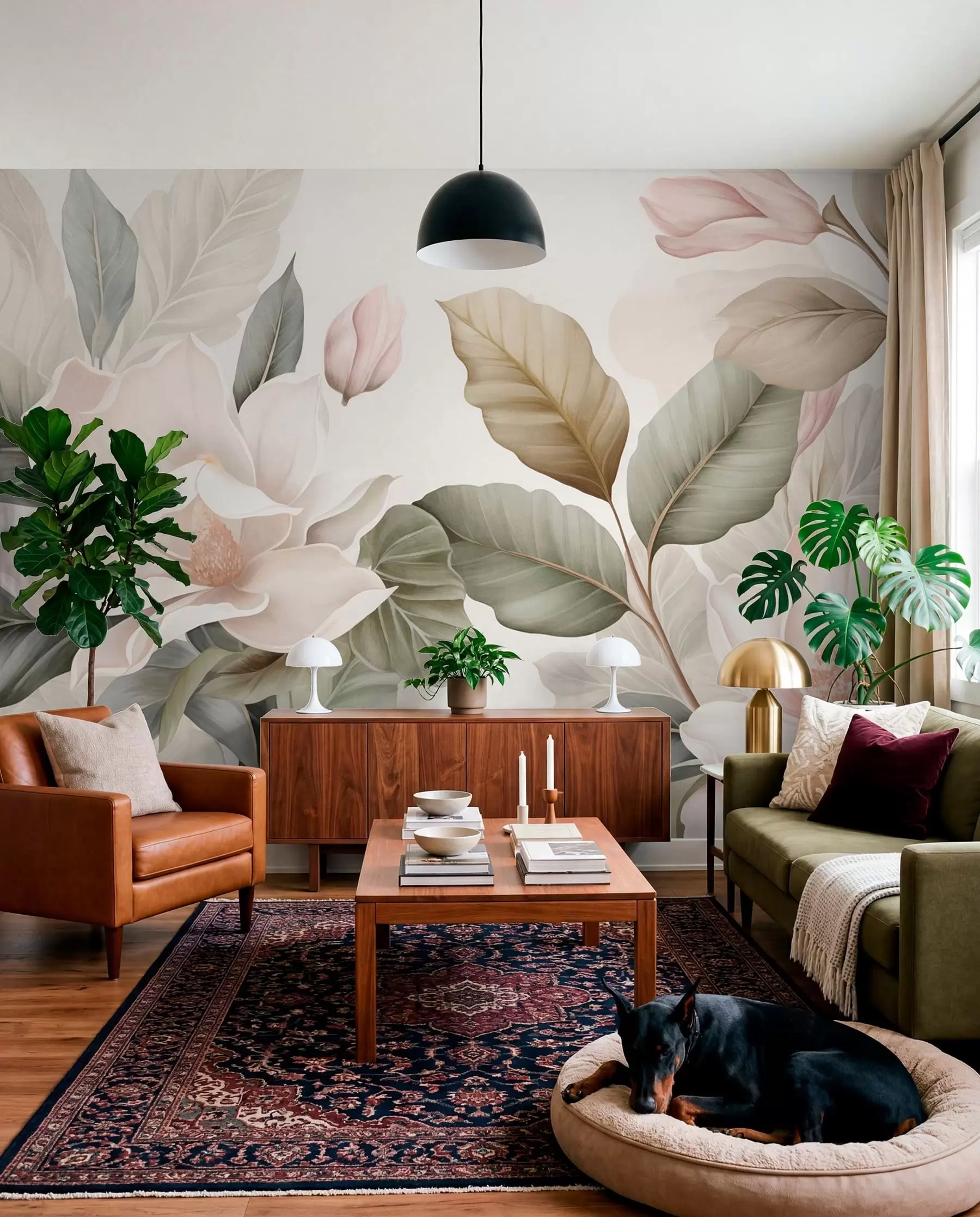 murales de pared Flores de magnolia con hojas en colores pastel, blanco, rosa y verde, suaves, delicadas, estilo acuarela w09427