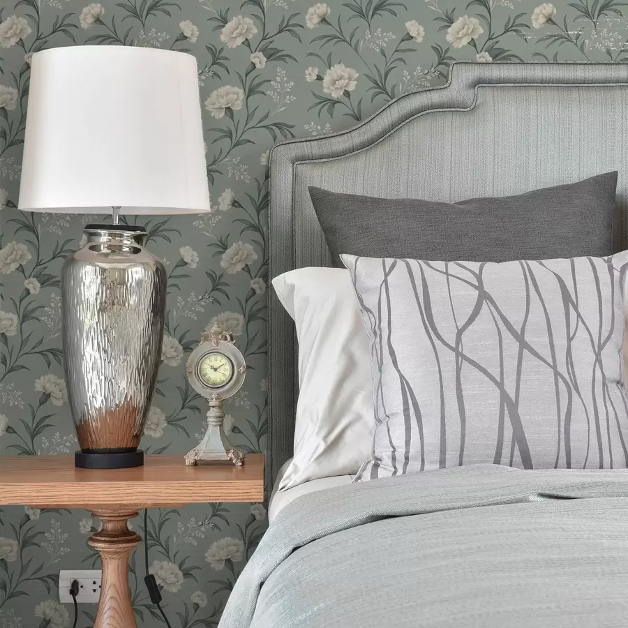 murales de pared Claveles en polvo sobre fondo gris verdoso, estampado refinado a00610