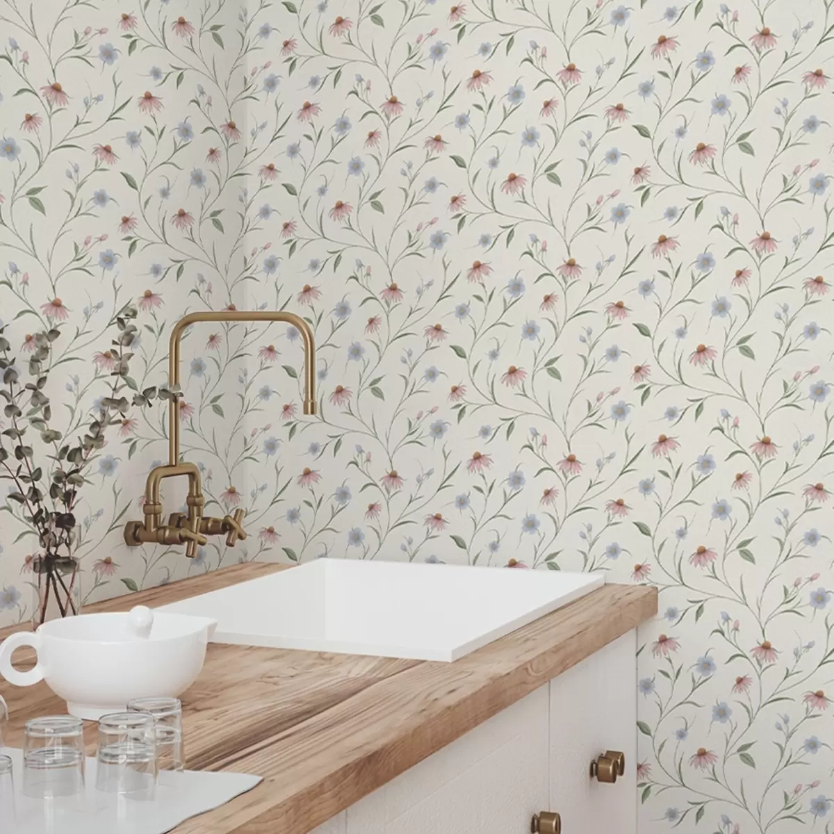 Papel pintado Margaritas silvestres y equinácea sobre fondo crema, luminosidad a00614