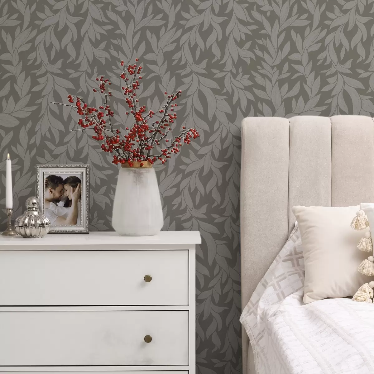 Papel pintado Fondo verde oliva con hojas lila, textura lineal a00616v1