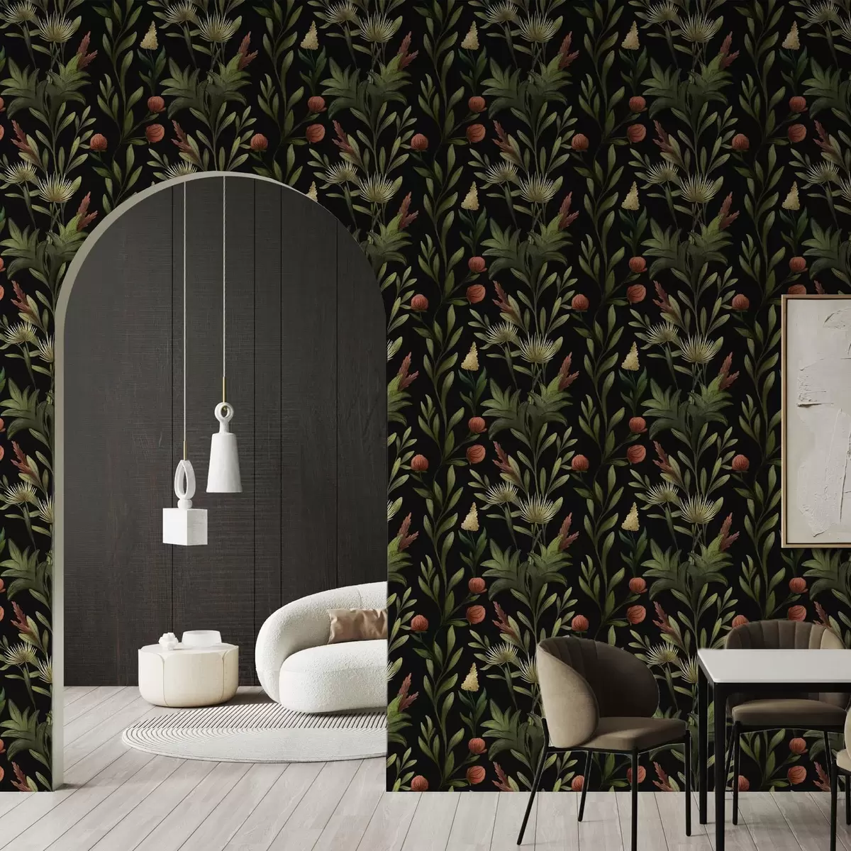 Papel pintado Hierbas altas y flores sobre fondo negro, estampado detallado a00620