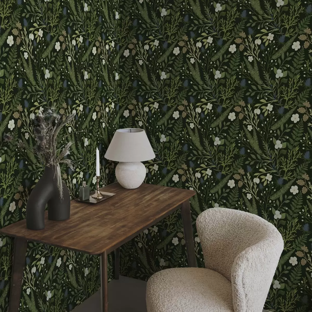 Papel pintado Hierbas y bayas del bosque sobre un fondo verde oscuro a00621v2
