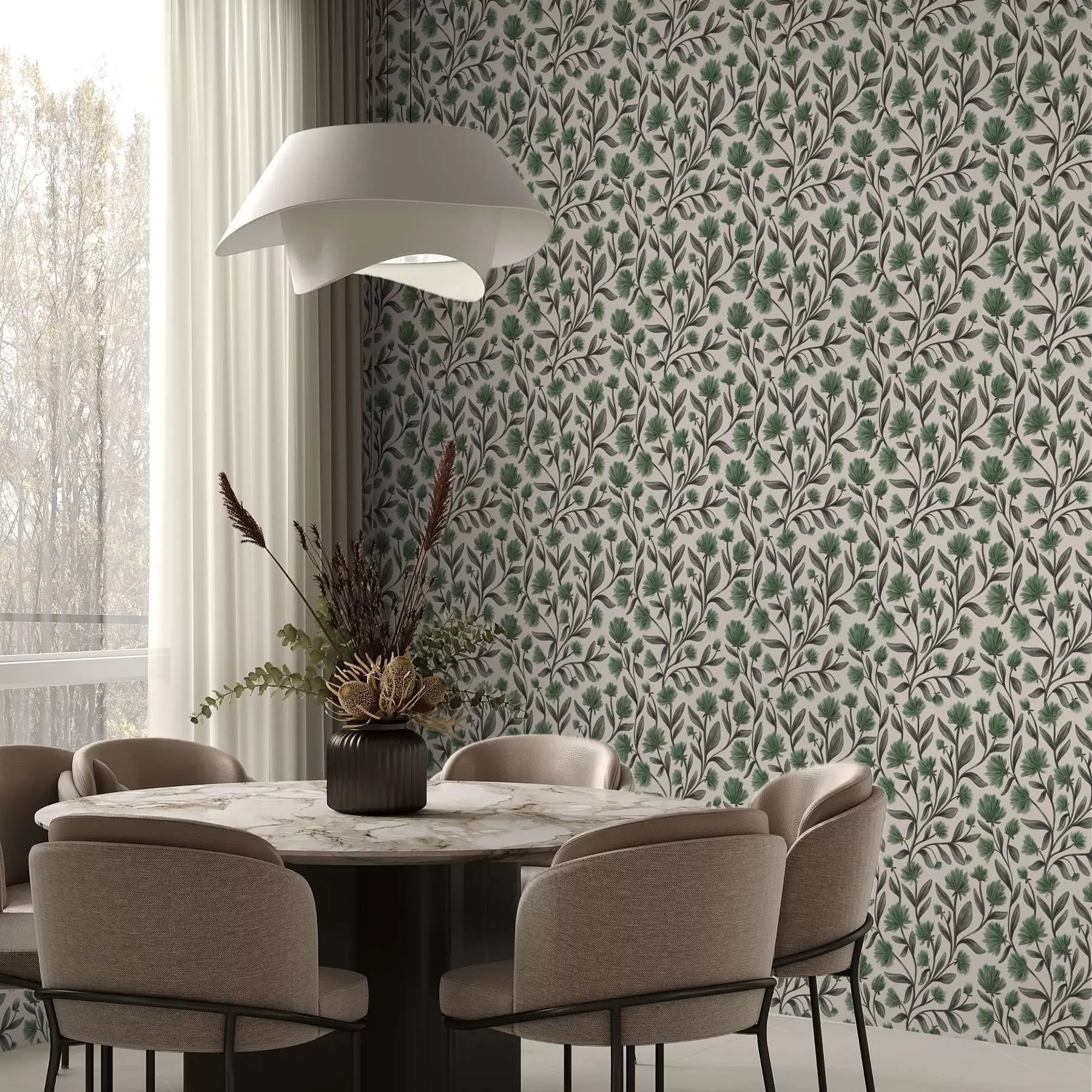 murales de pared Flores silvestres en una paleta verde sobre fondo crema a00623v3