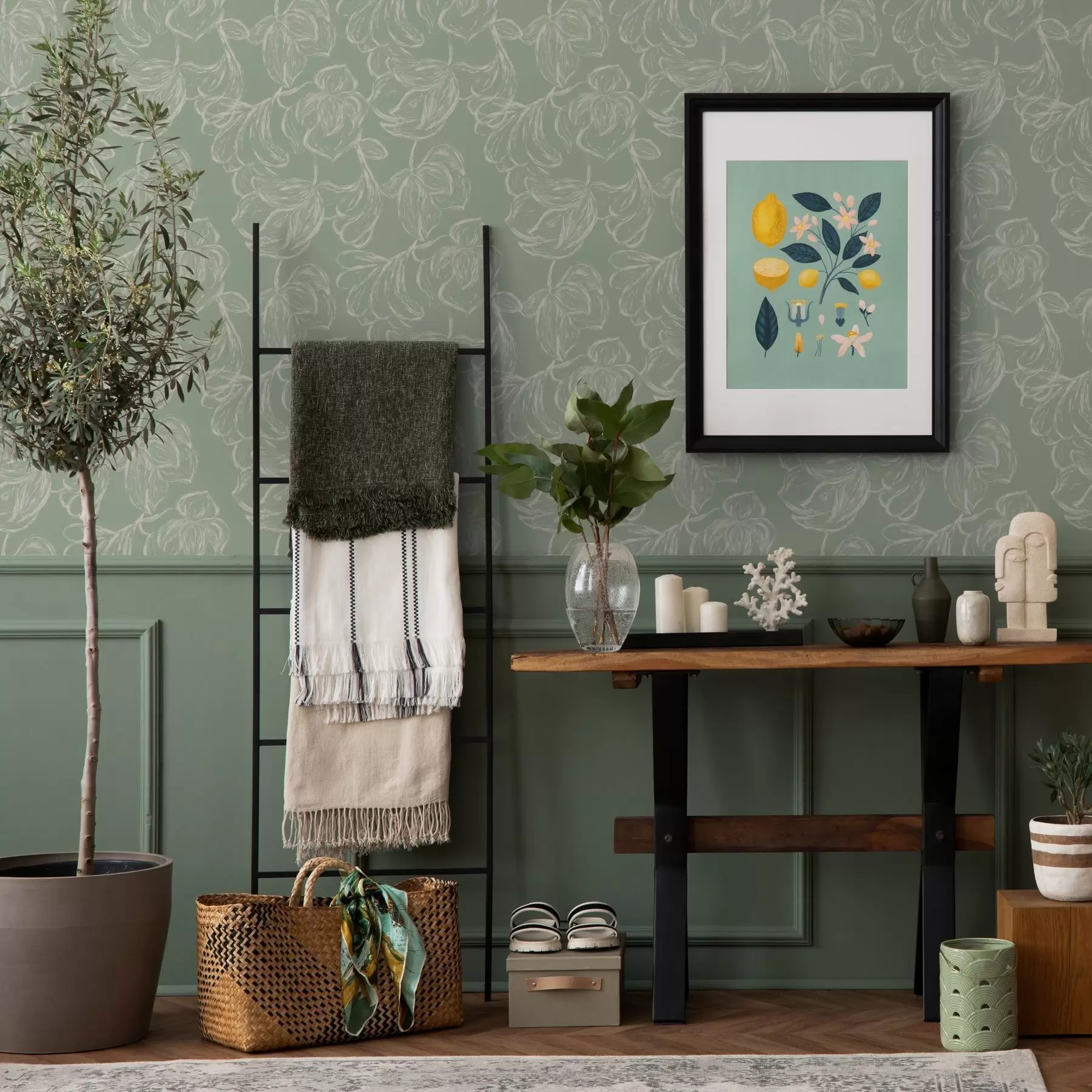 murales de pared Flores grandes lineales, trazos de tiza sobre fondo salvia a00625v1