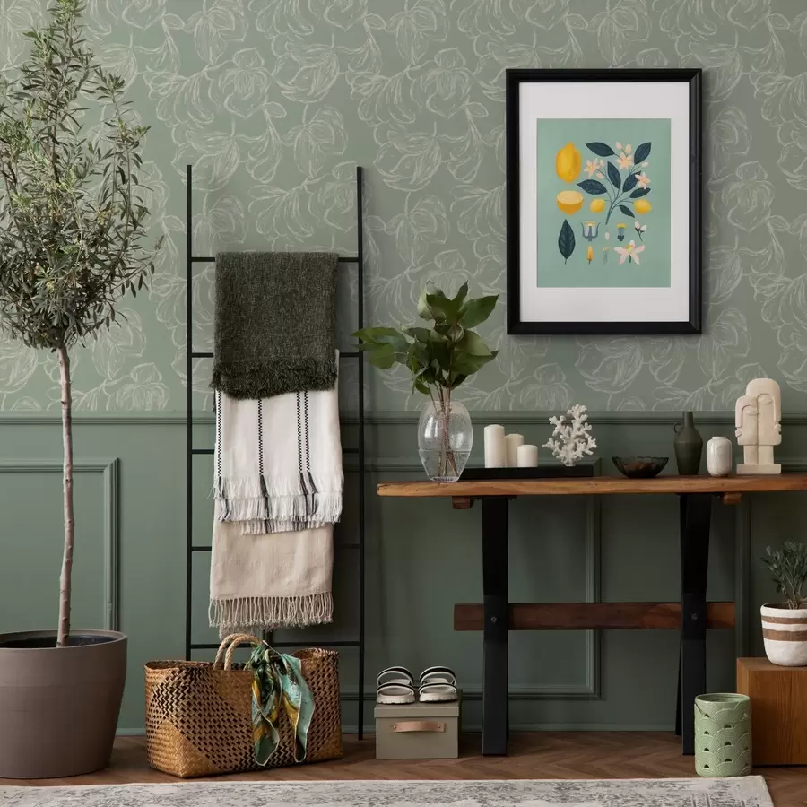 murales de pared Flores grandes lineales, trazos de tiza sobre fondo salvia a00625v1