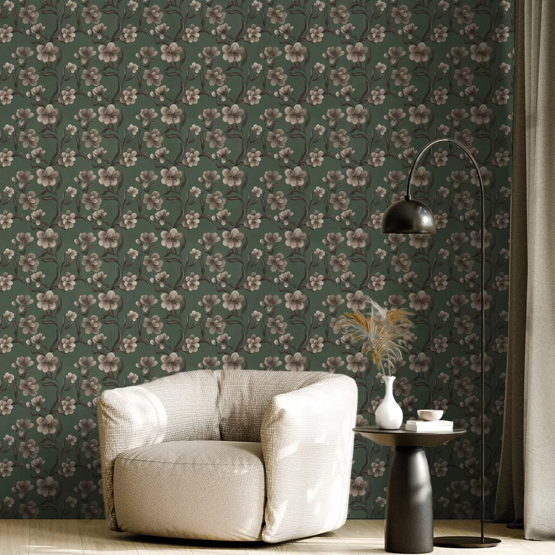 murales de pared Flores beige sobre un fondo verde intenso a00626v3
