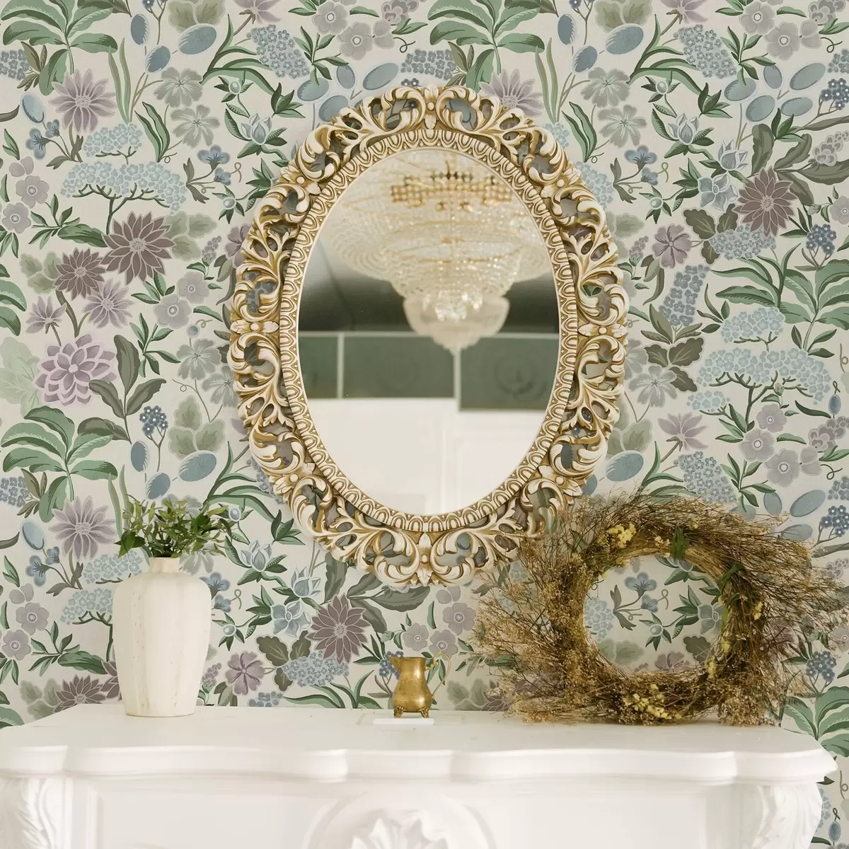 Papel pintado Flores y follaje en tonos pastel en una paleta de colores azul menta a00642
