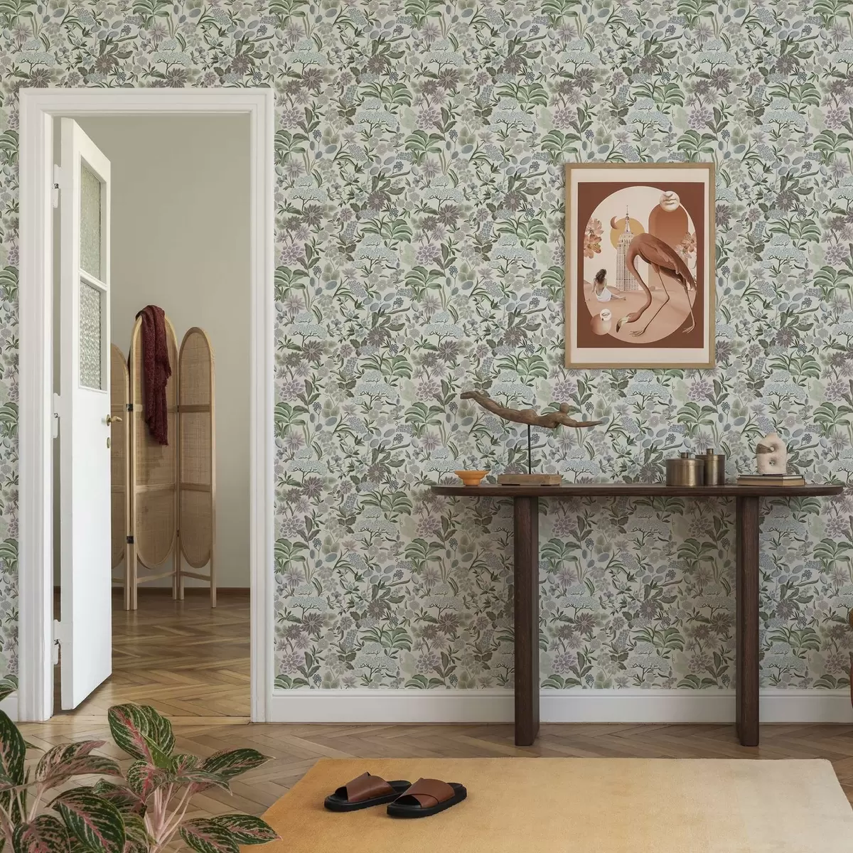 Papel pintado Flores y follaje en tonos pastel en una paleta de colores azul menta a00642