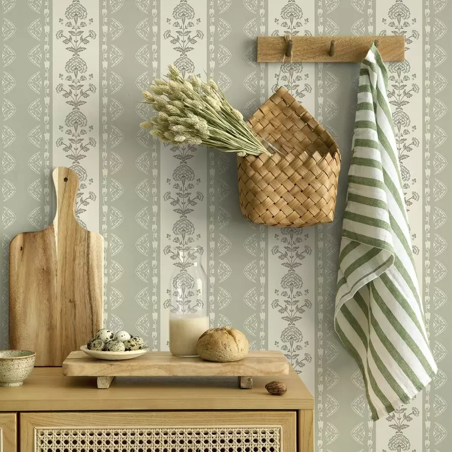 murales de pared Adorno rayado con columnas florales en tonos salvia a00719