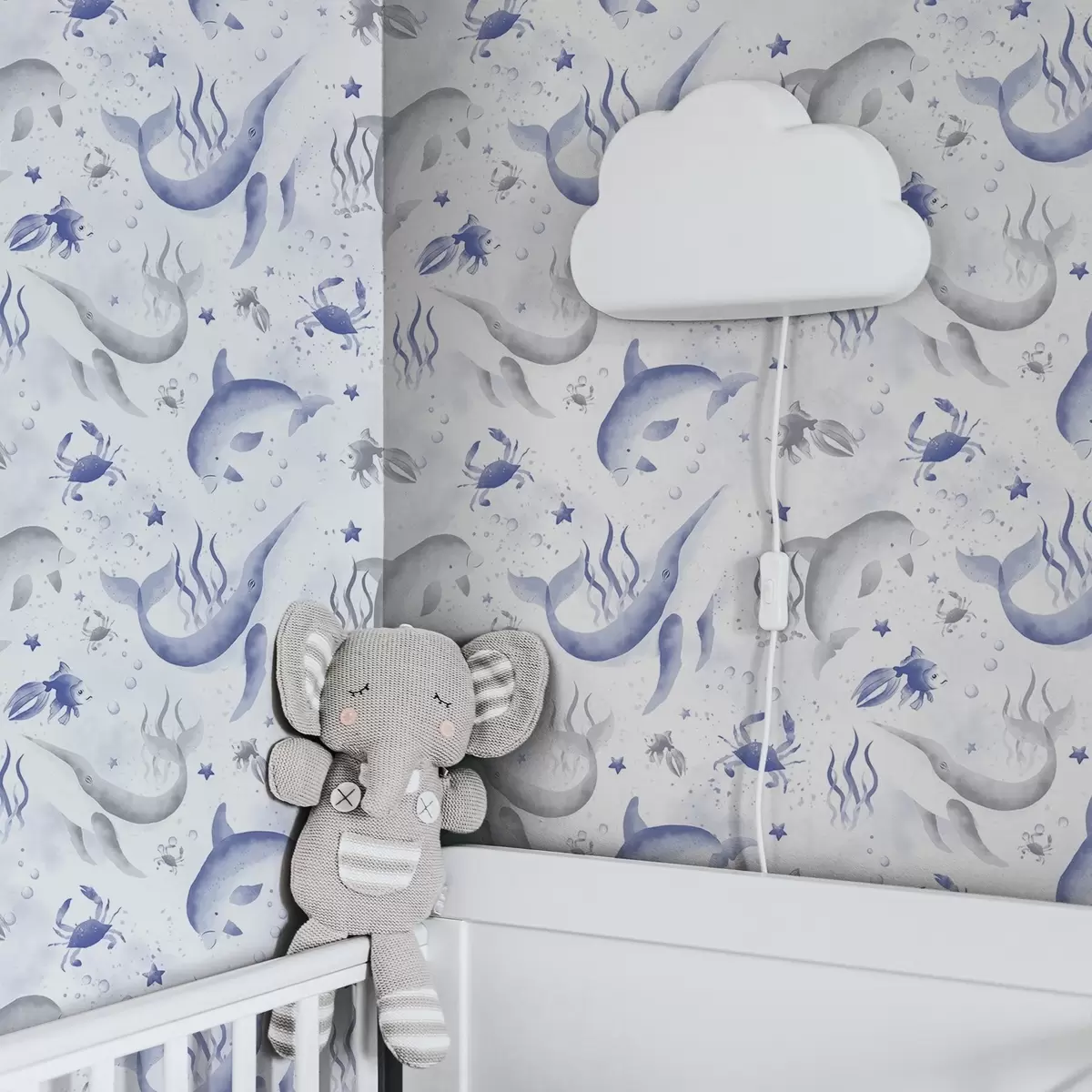 Papel pintado Ballenas marinas y delfines en tonos azules sobre fondo blanco a00720v1